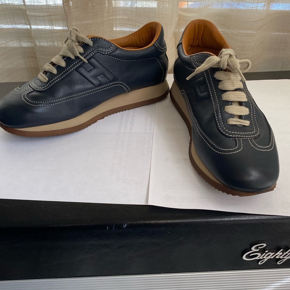 Hermes Navy Leather Sneakers rubber shoes trainers 37 flats walking shoes